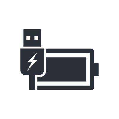 Charging equipment with electricity through the USB plug. Rechargeable battery and USB plug. Vector icon isolated on white background.