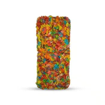 a close up of a fruity cereal bar infused with hemp extract