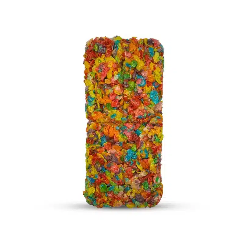 a close up of a fruity cereal bar infused with hemp extract