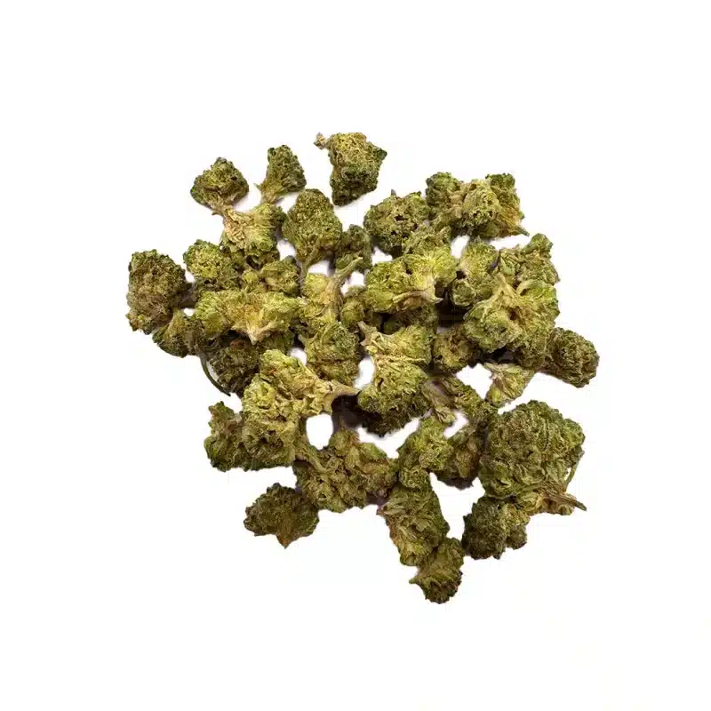 a pile of green buds of hemp thca flower smalls
